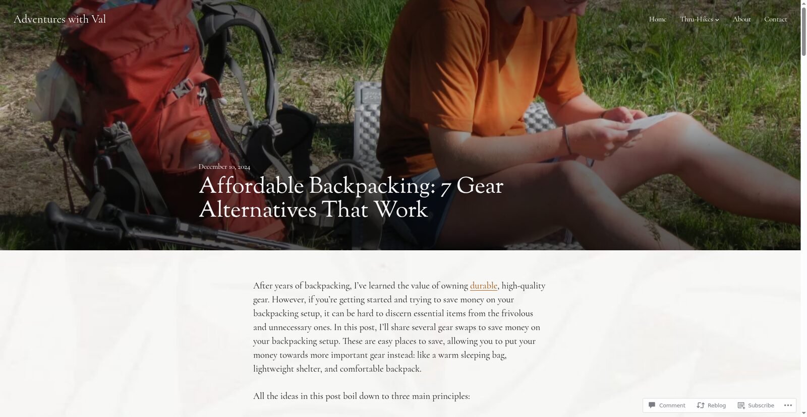 Budget backpacking gear guide: hiker resting beside orange pack with trekking poles - intro on money-saving gear swaps and alternatives