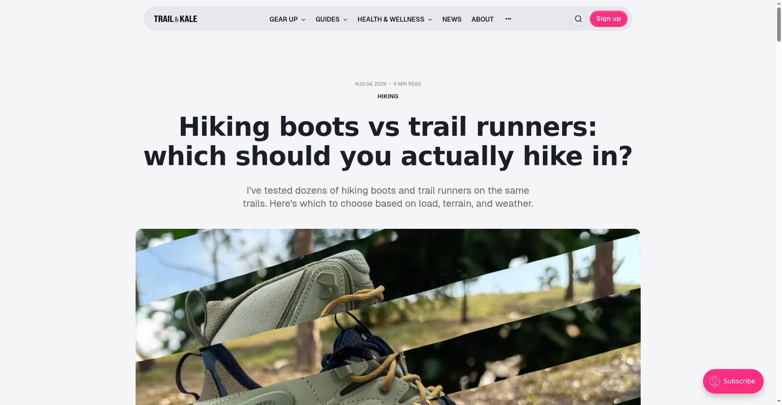 Hiking boots vs trail runners review: close-up of trail shoe on forest trail - field-tested advice on load, terrain, and weather