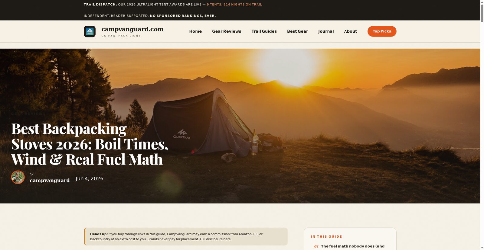 Best backpacking stoves guide: tent at golden sunset mountain camp - CampVanguard compares boil times, wind performance, and fuel math