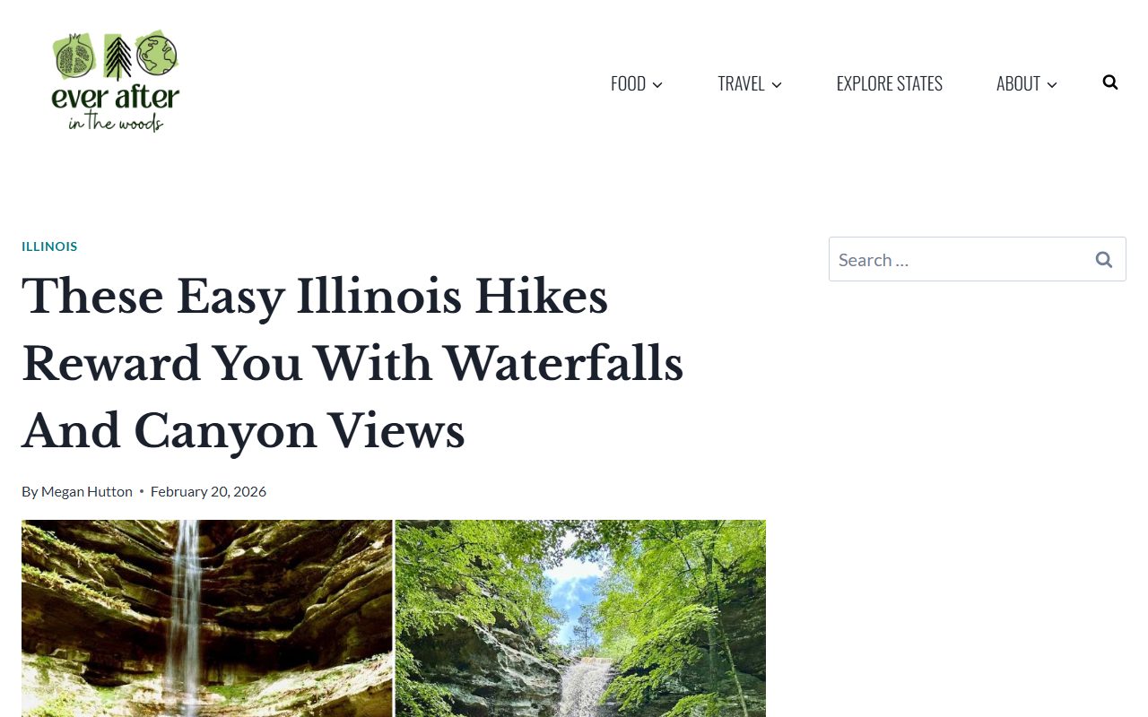 Starved Rock canyon with waterfall flowing into a pool, verdant vegetation
