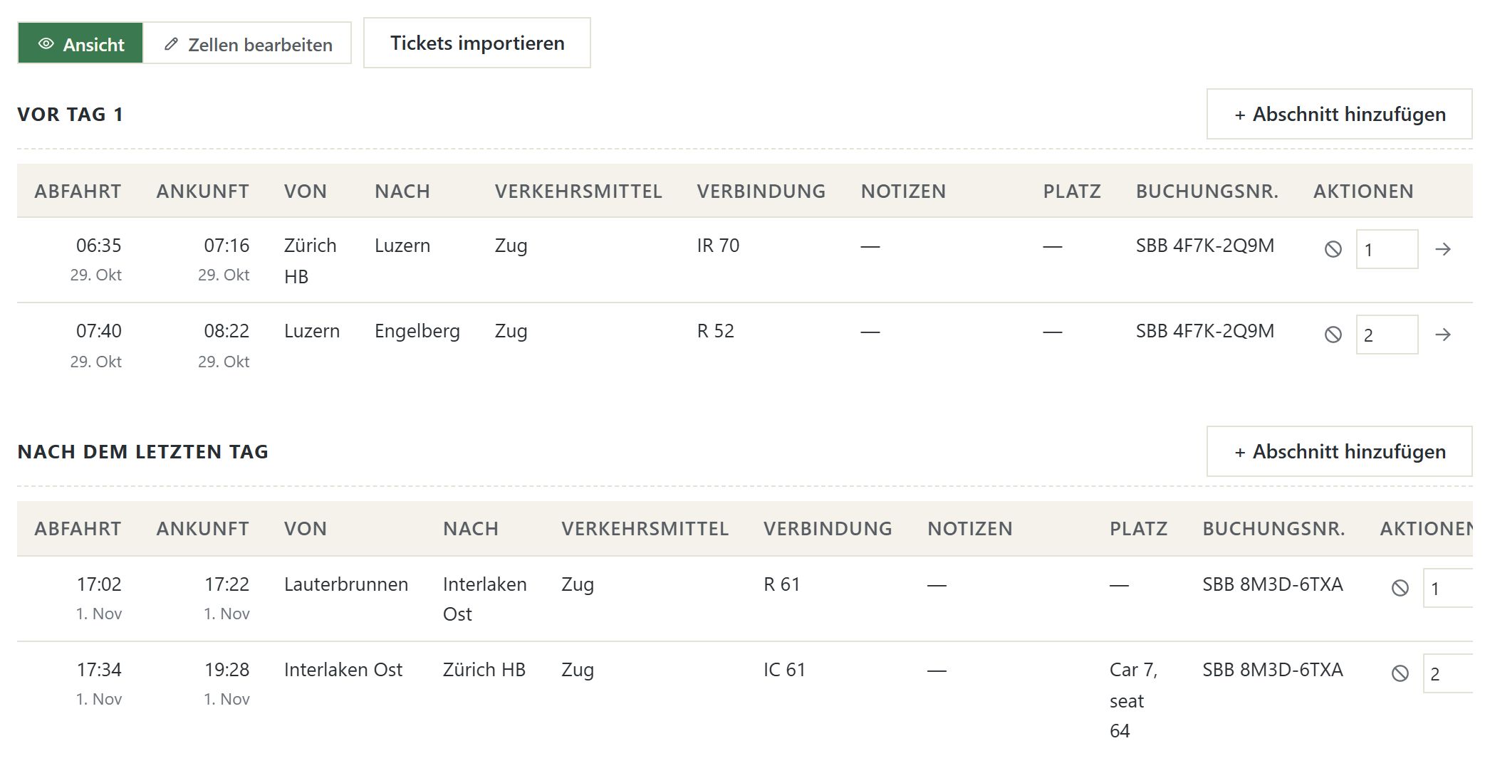 Zugverbindungen vor dem ersten und nach dem letzten Tag, mit Buchungsnummern