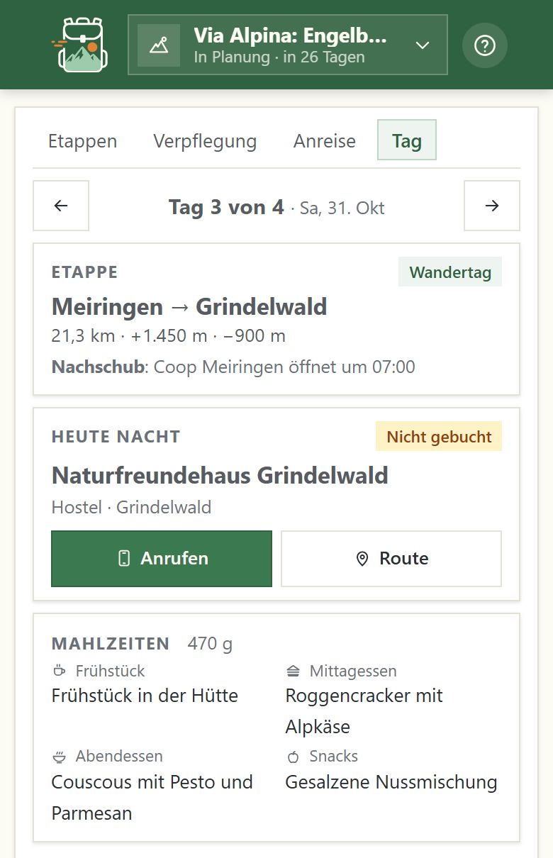 Die Tagesansicht auf dem Handy: heutige Etappe, Unterkunft und Mahlzeiten