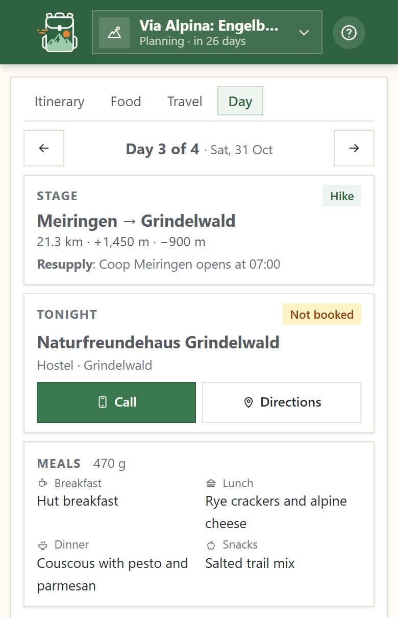 The day view on a phone: today's stage, tonight's stay and meals