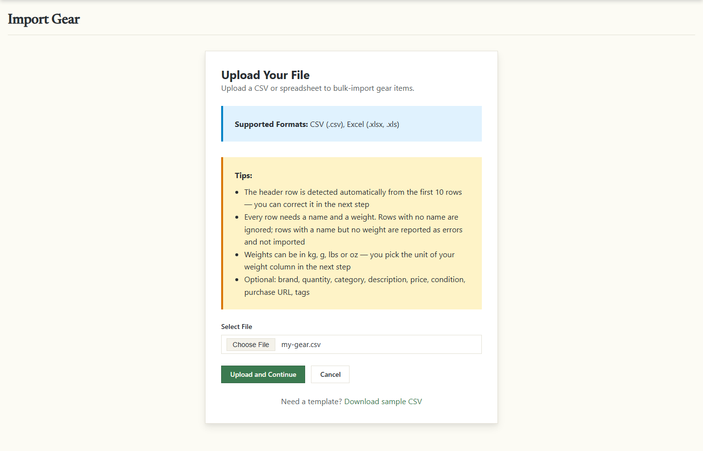 The Import Gear page with a CSV file chosen in the Select File field and the Upload and Continue button below it.