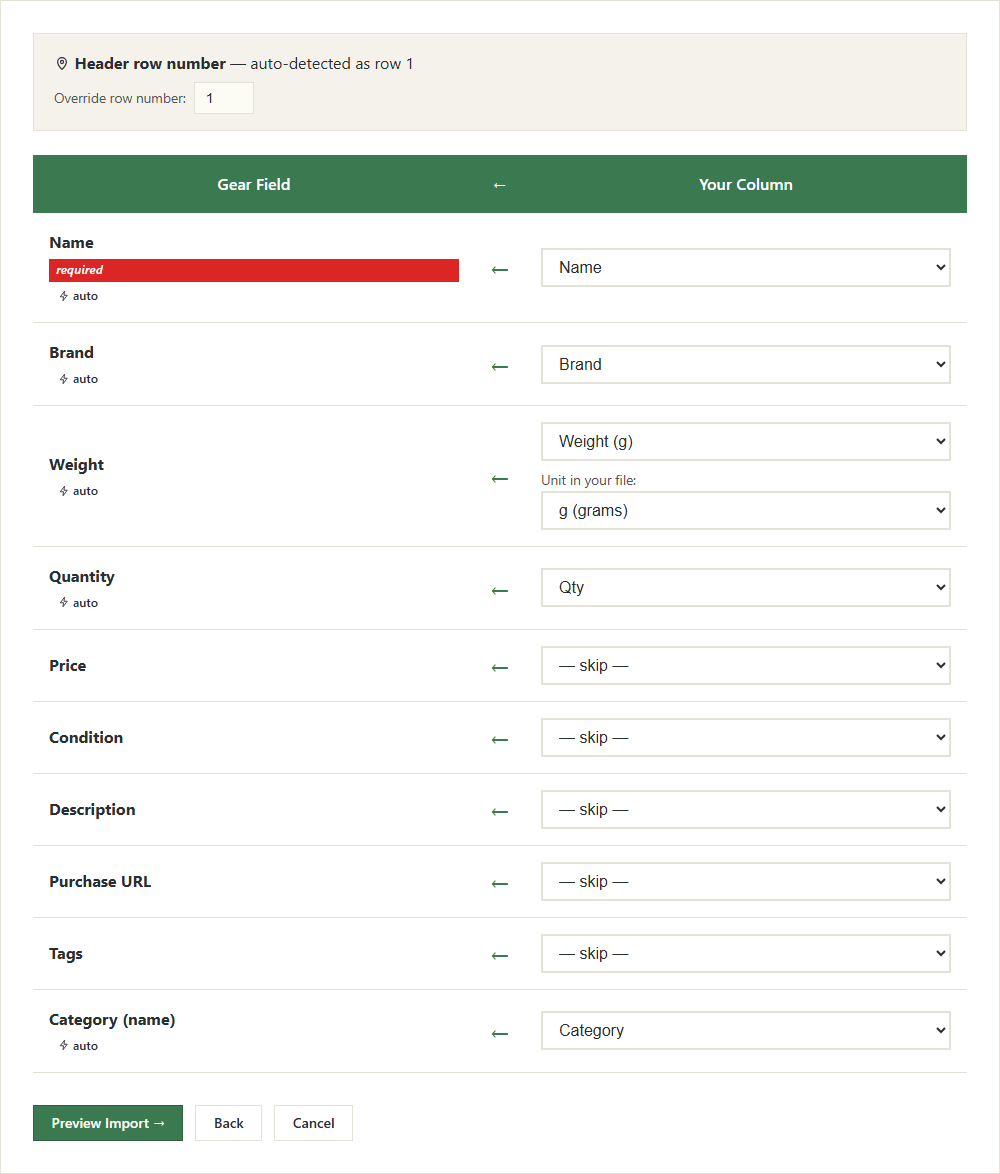 The column matching form: the detected header row, the fields the file has matched to its columns, the rest left on skip, and the weight unit set to g (grams).