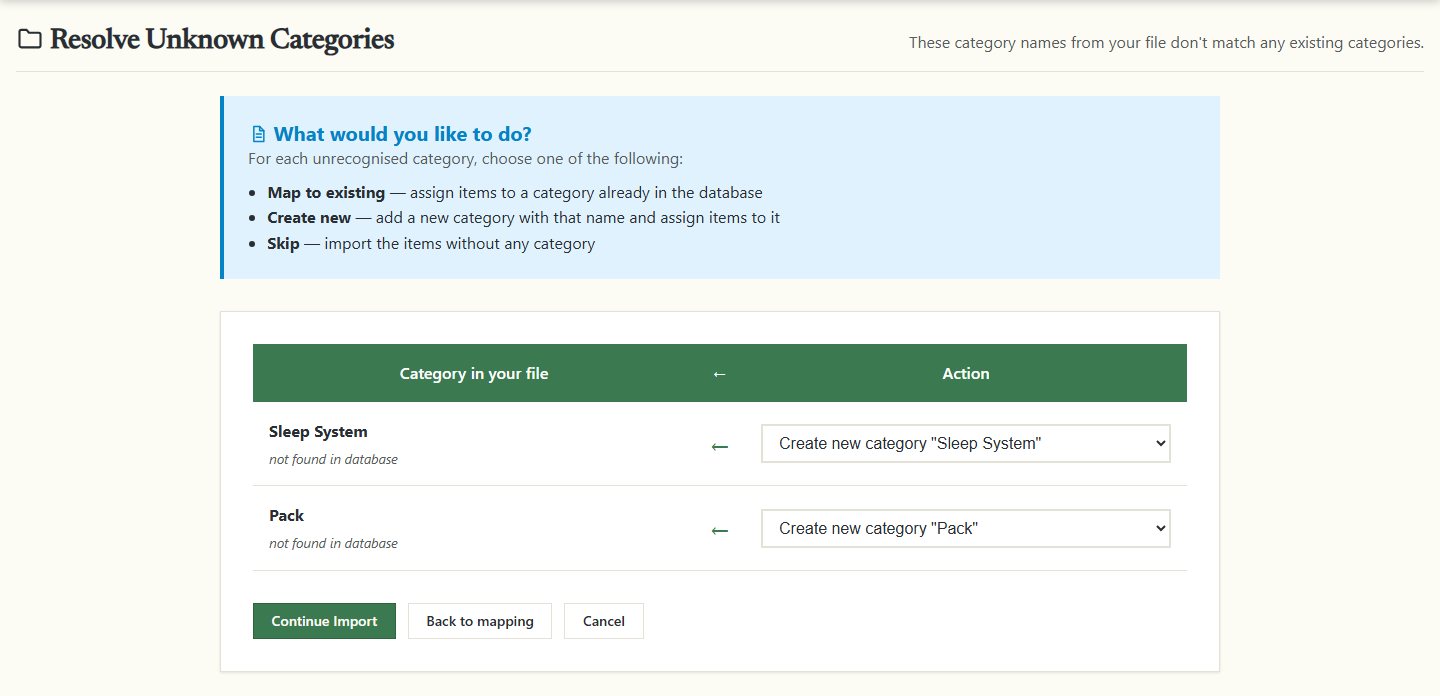 The Resolve Unknown Categories page with a menu for each category name from the file that PackLite does not know.