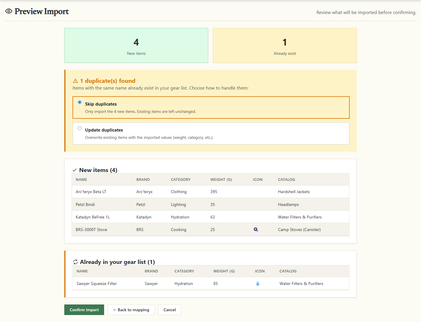 The Preview Import page with counts of new and existing items, the duplicate choice, and the new items with their category, weight in grams, icon and catalogue match.