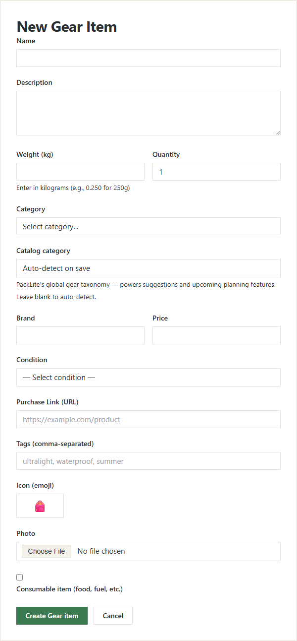 The New Gear Item form with its fields, the weight field with its unit, and Catalog category set to Auto-detect on save.