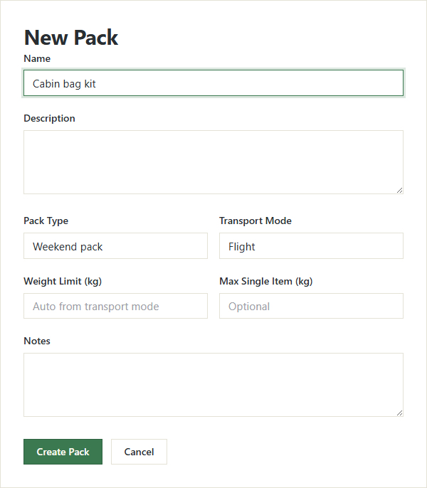 The New Pack form with a name filled in, the pack type set to Weekend pack, the transport mode set to Flight, and both limit fields empty.