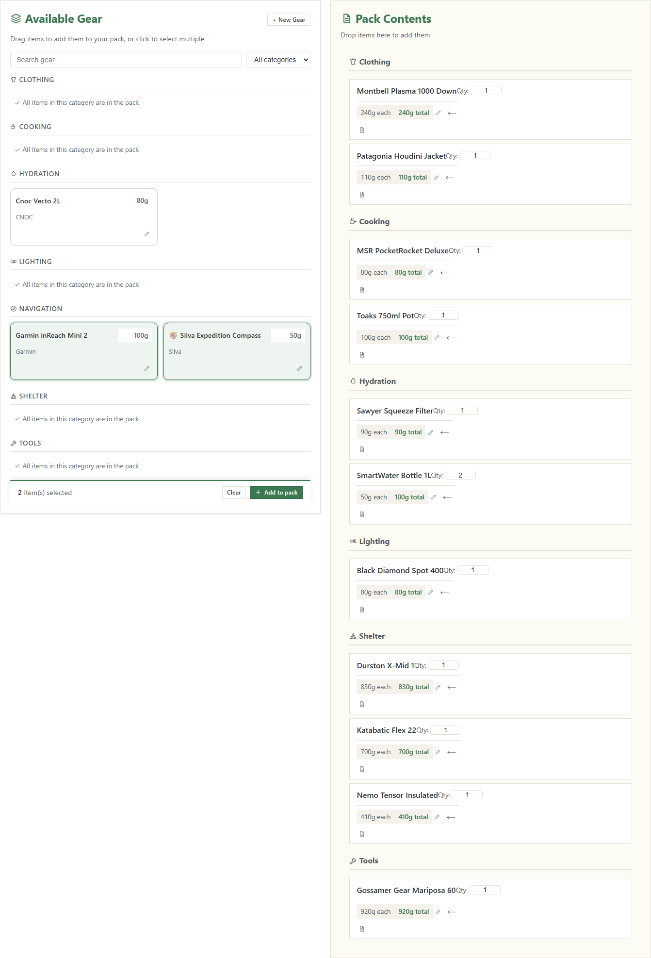 The pack planner with Available Gear on the left and Pack Contents on the right, two navigation items selected and a bar reading 2 item(s) selected.