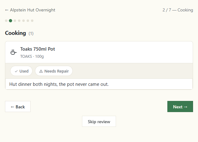 The Cooking step of a trip review: the pot has Used unticked and a note saying the pot never came out.