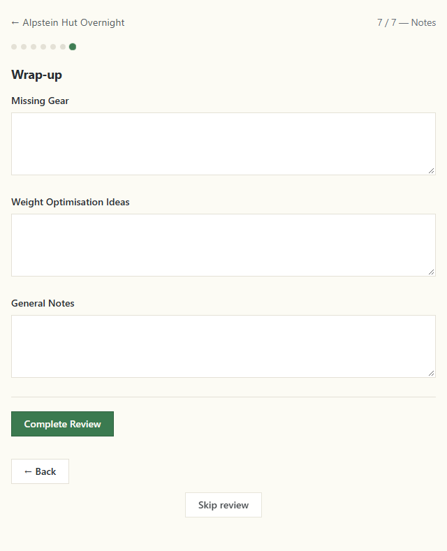 The Wrap-up step with the Missing Gear, Weight Optimisation Ideas and General Notes fields and the Complete Review button.