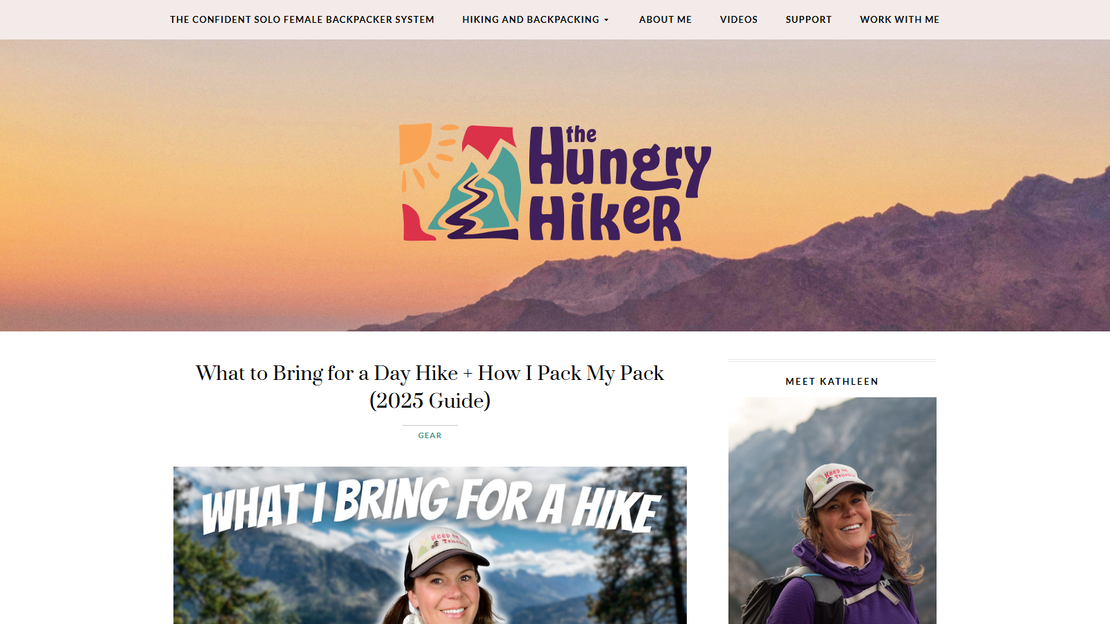 The Hungry Hiker blog header with a colorful logo over a sunset mountain ridge, above the article headline 'What to Bring for a Day Hike + How I Pack My Pack (2025 Guide)', a 'What I Bring for a Hike' featured image of the author smiling in a trucker cap, and a 'Meet Kathleen' author photo in the sidebar
