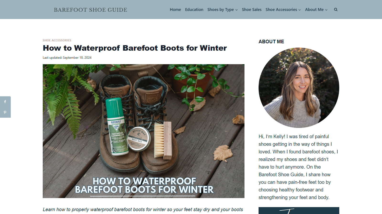 Barefoot Shoe Guide article page headed "How to Waterproof Barefoot Boots for Winter," last updated September 18, 2024, showing a pair of brown leather barefoot boots on a weathered wooden deck with a Nikwax footwear cleaning gel bottle, a tin of Otter Wax boot wax, and a wooden application brush, surrounded by ferns and fallen autumn leaves; a sidebar at right profiles author Kelly with her portrait and an About Me bio.