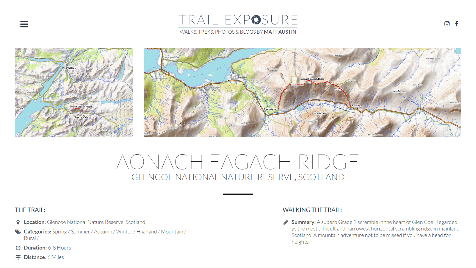 Trail Exposure route page for the Aonach Eagach Ridge, showing two Ordnance Survey map panels with the ridge route traced in red above Glen Coe, above the heading 'Aonach Eagach Ridge, Glencoe National Nature Reserve, Scotland' and trail facts giving 6-8 hours and 6 miles