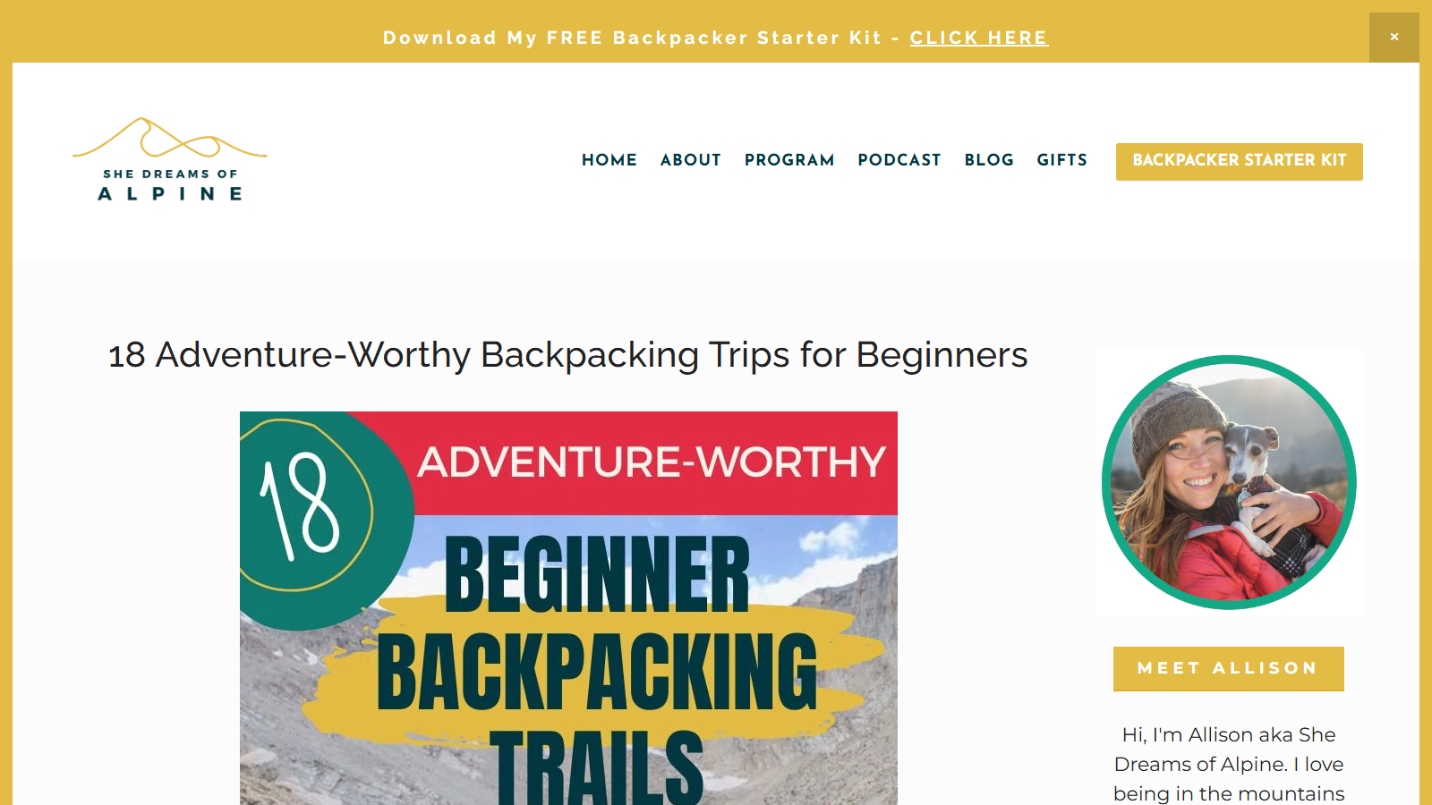 Blog page bordered in mustard yellow, headed '18 Adventure-Worthy Backpacking Trips for Beginners' above a red, blue and yellow graphic reading 'BEGINNER BACKPACKING TRAILS' set over a rocky alpine basin; a sidebar portrait of the author holding a small dog sits under 'Meet Allison'
