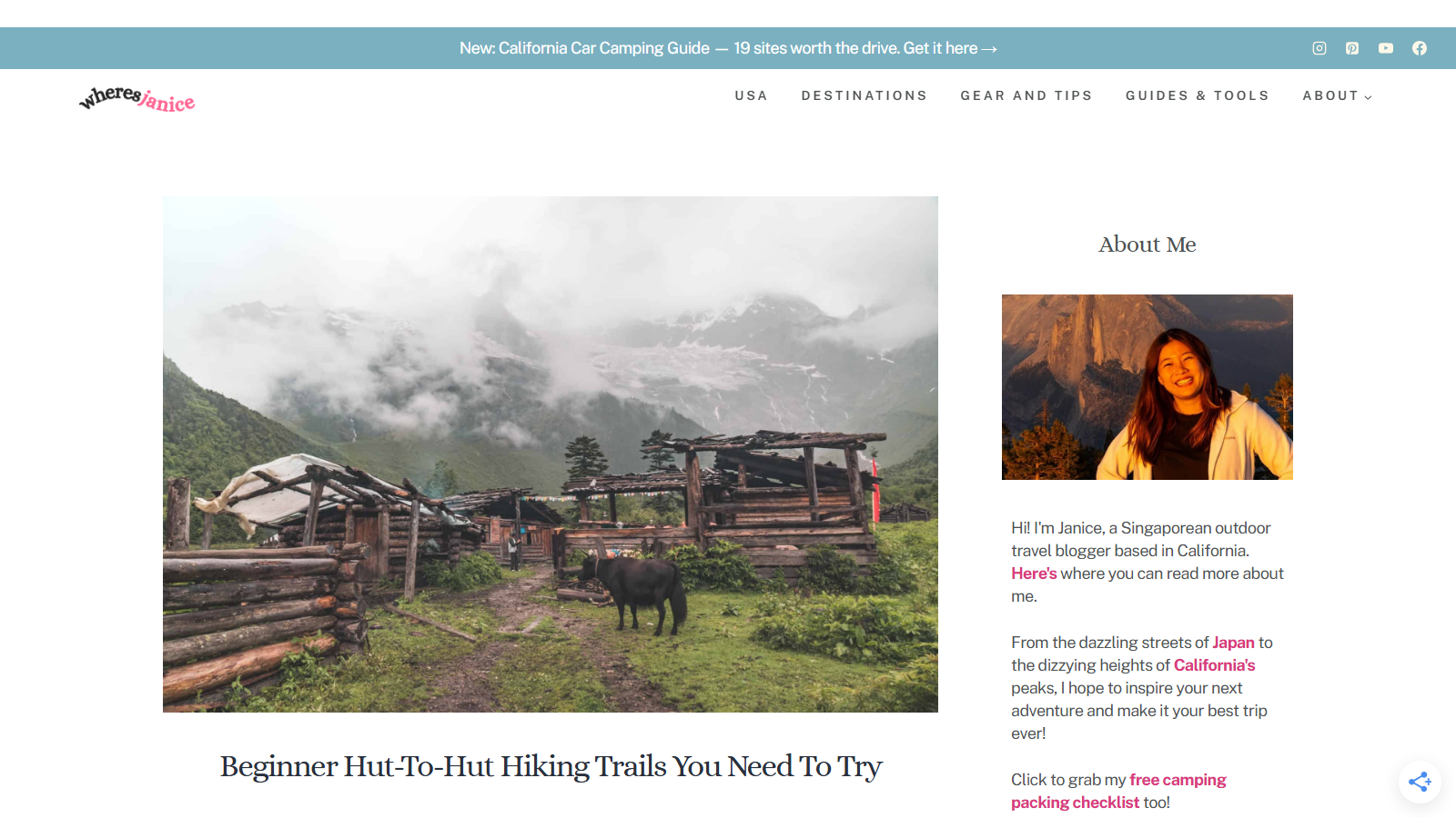 Wide photograph of weathered timber huts and a grazing black yak on a green alpine meadow beneath cloud-wrapped glaciated peaks, with the headline 'Beginner Hut-To-Hut Hiking Trails You Need To Try' printed below it; a sidebar 'About Me' panel shows a portrait of the author
