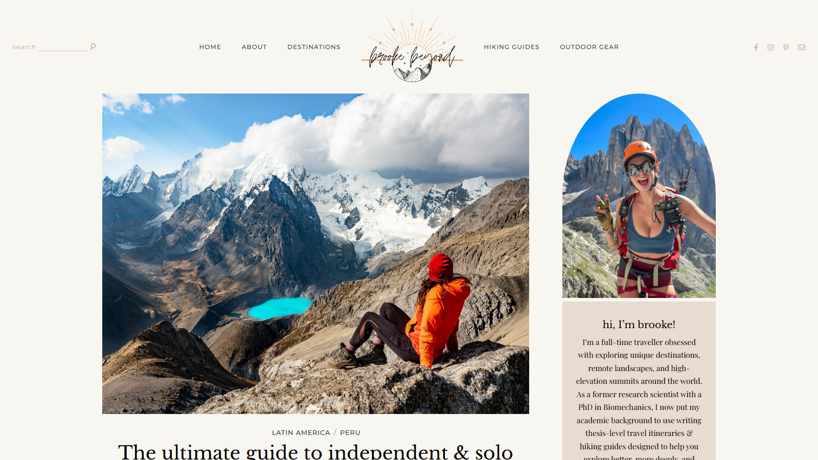 Brooke Beyond article page opening on a large photo of a hiker in an orange jacket sitting on a rocky ridge looking across the Cordillera Huayhuash: glaciated black-and-white peaks under cloud, with a bright turquoise glacial lake in the valley below; the headline 'The ultimate guide to independent & solo...' begins beneath it