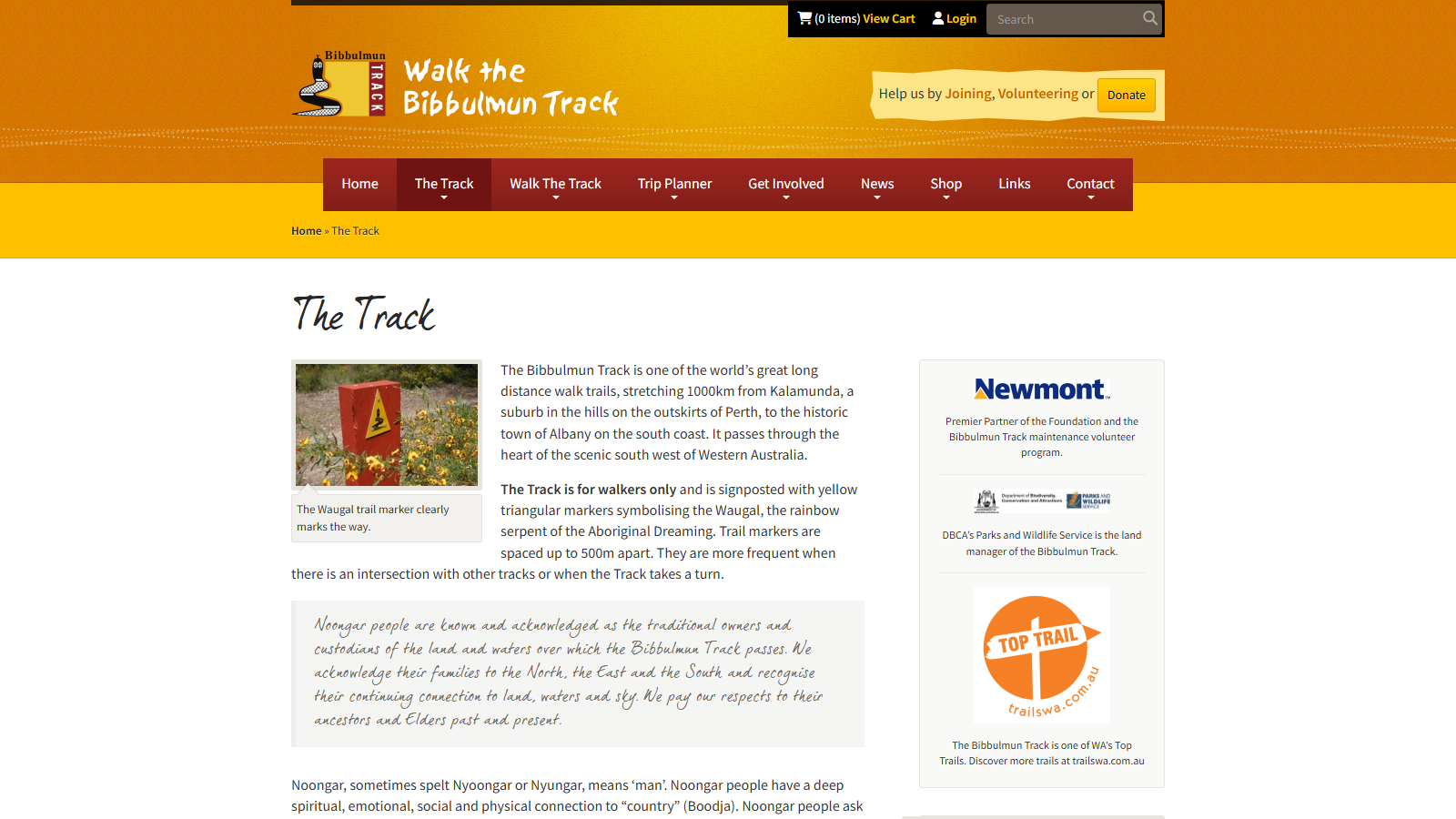 The Bibbulmun Track Foundation page headed 'The Track', with a photo of a red trail marker post carrying the yellow Waugal triangle among yellow wildflowers, beside text describing the 1000 km route from Kalamunda to Albany