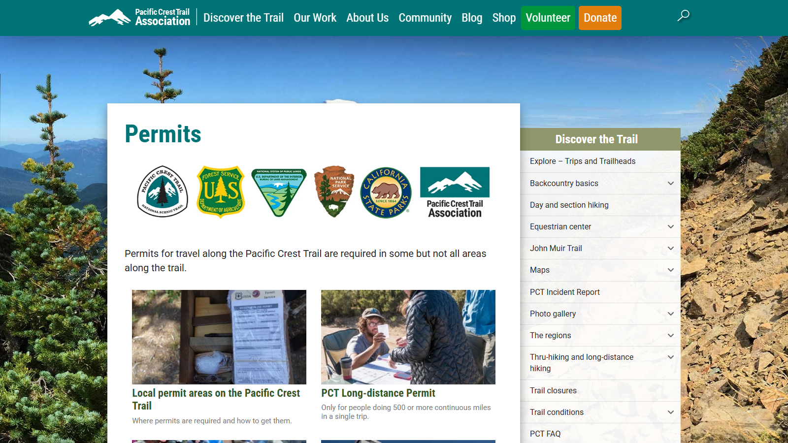 The PCTA permits page over a background photo of a rocky, conifer-dotted ridgeline, showing the six agency badges - PCT, Forest Service, BLM, National Park Service, California State Parks and PCTA - above cards for local permit areas and the PCT Long-distance Permit