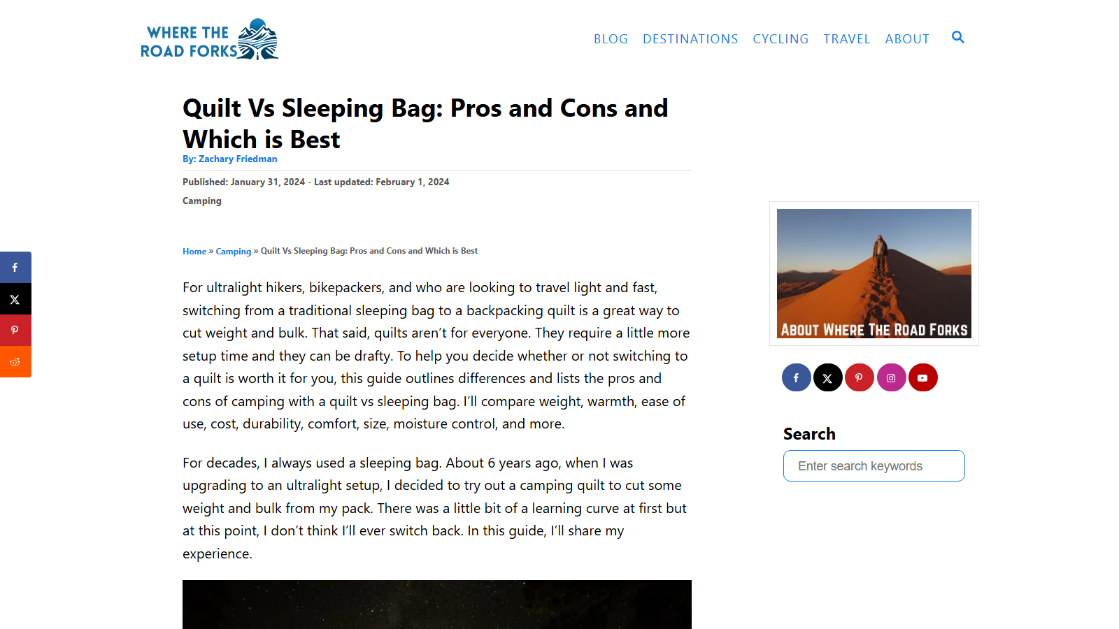 Article page headed 'Quilt Vs Sleeping Bag: Pros and Cons and Which is Best', byline Zachary Friedman, published January 31, 2024, with the opening paragraphs and a sidebar photo of a hiker on a desert dune ridge