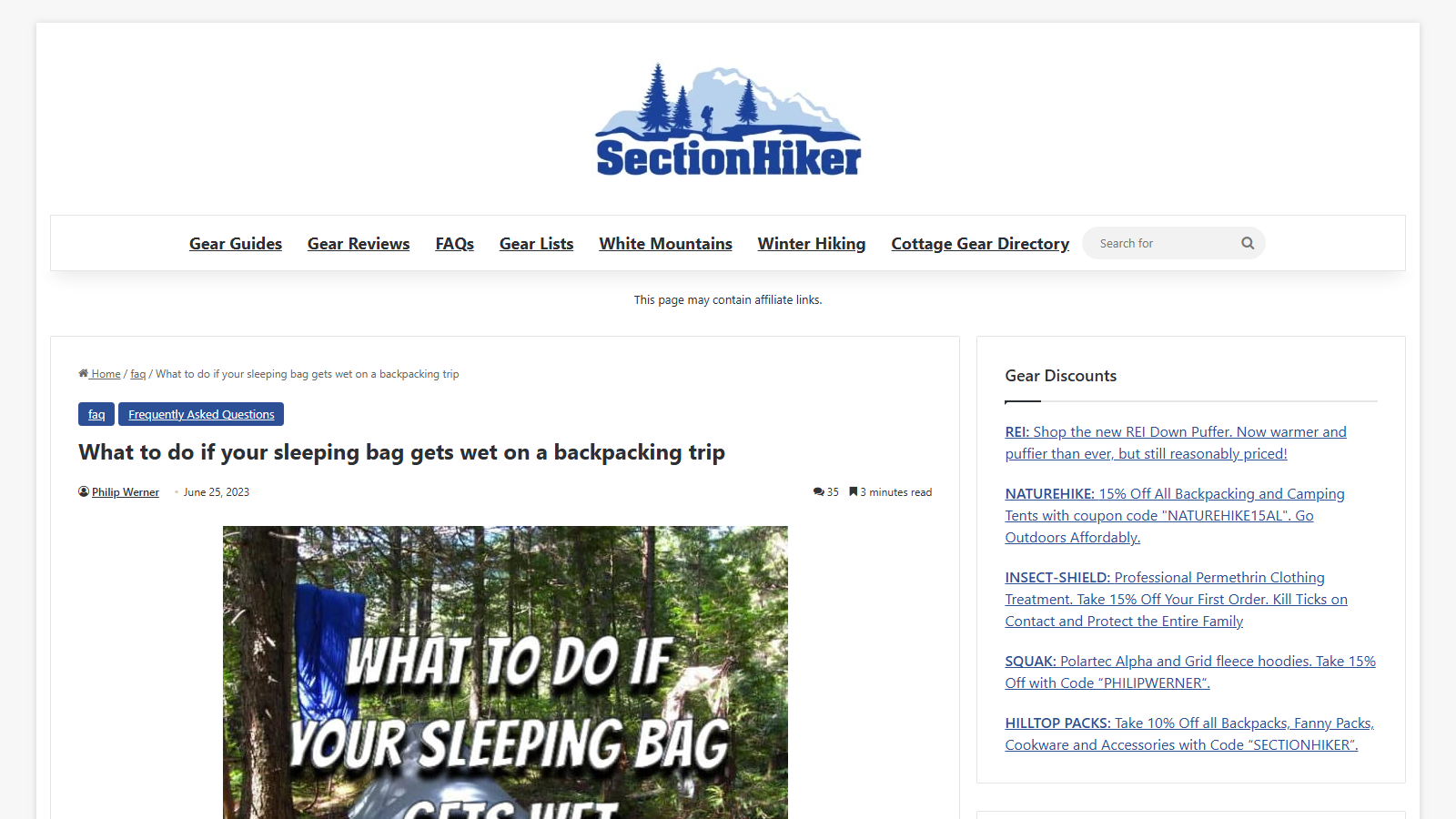 SectionHiker FAQ page "What to do if your sleeping bag gets wet on a backpacking trip" by Philip Werner, June 25, 2023, with a title graphic of a blue sleeping bag hanging from a tree in the forest, and a "Gear Discounts" sidebar of affiliate coupon codes beside it.