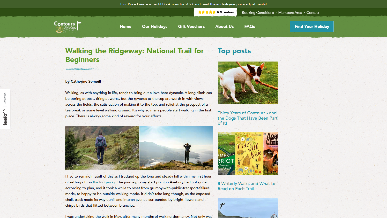 Contours Walking Holidays article 'Walking the Ridgeway: National Trail for Beginners' by Catherine Sempill, with two photographs side by side - a walker with a rucksack descending a grassy path beside conifers, and a walker standing on a summit above a mist-filled valley - and a 'Top posts' sidebar to the right