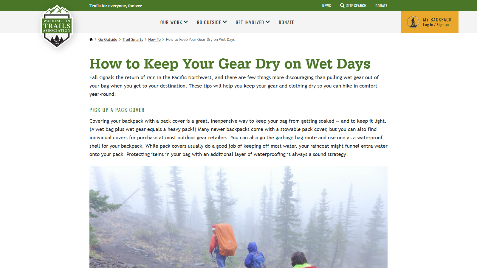Washington Trails Association page "How to Keep Your Gear Dry on Wet Days," showing the intro, a "Pick up a pack cover" section, and a photo of hikers wearing pack covers on a foggy forested slope